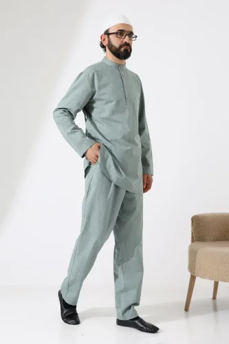 Erkek Tek Cepli Gömlek Pantolon İkili Takım Hac ve Umre Kıyafeti Yeşil (Vşn) 
