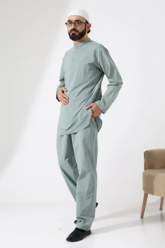 Erkek Tek Cepli Gömlek Pantolon İkili Takım Hac ve Umre Kıyafeti Yeşil (Vşn) - İhvan (1)