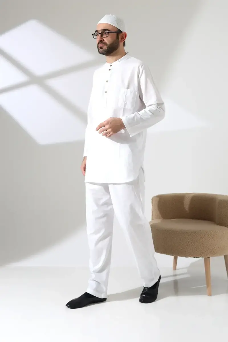Erkek Tek Cepli Gömlek Pantolon İkili Takım Hac ve Umre Kıyafeti Beyaz (Vşn) - 2