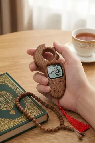 Ezan Okuyan Işıklı Sesli Kaydırmalı Al-Fajia Dijital Sayaç Tesbih Zikirmatik Açık Kahve - ihvanonline (1)