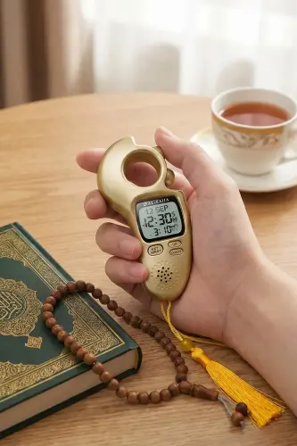Ezan Okuyan Işıklı Sesli Kaydırmalı Al-Fajia Dijital Sayaç Tesbih Zikirmatik Gold - 2