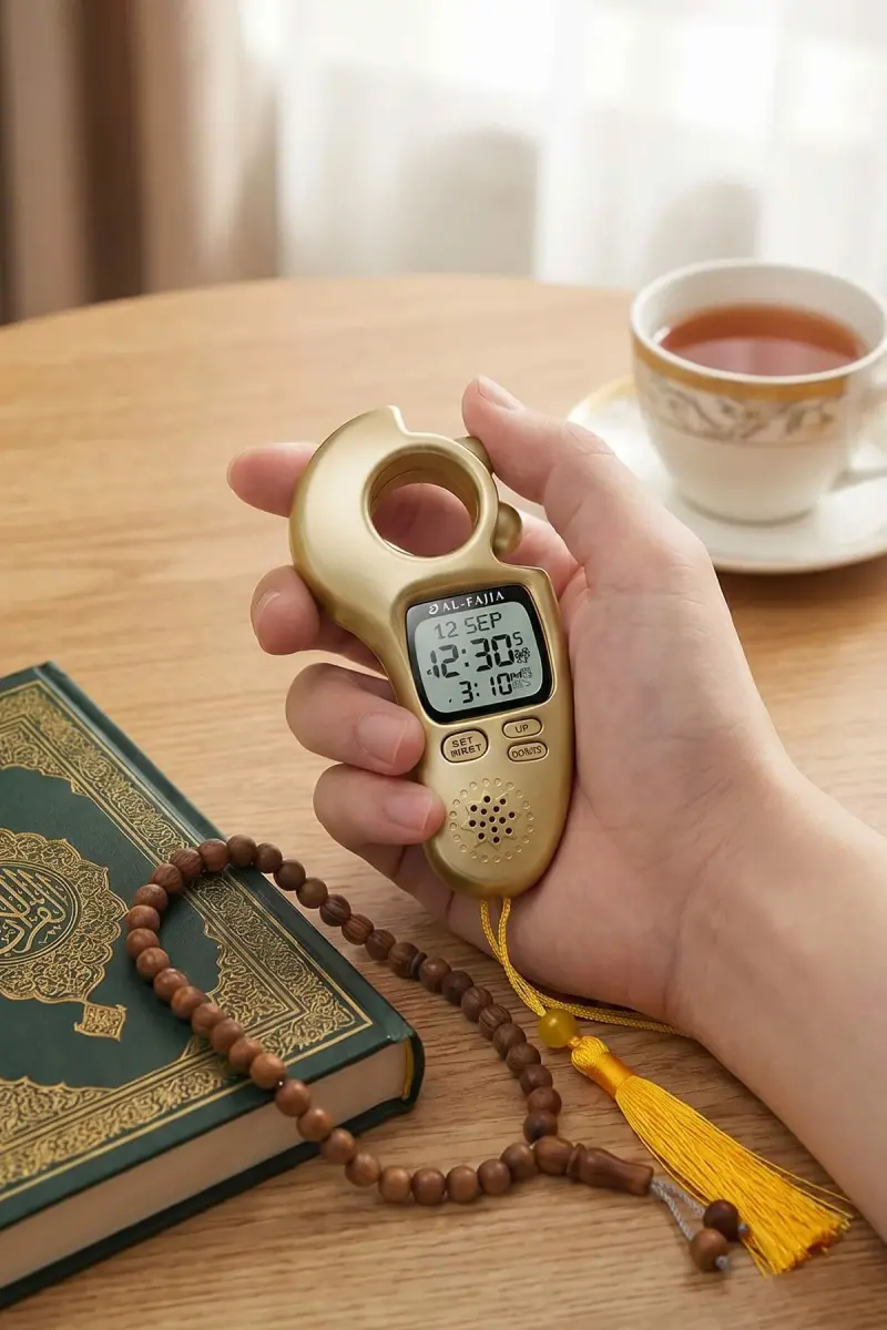 Ezan Okuyan Işıklı Sesli Kaydırmalı Al-Fajia Dijital Sayaç Tesbih Zikirmatik Gold - 2