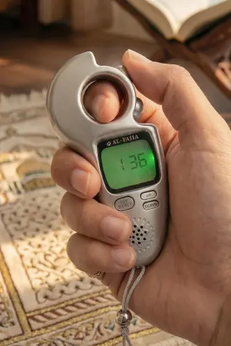 Ezan Okuyan Işıklı Sesli Kaydırmalı Al-Fajia Dijital Sayaç Tesbih Zikirmatik Gümüş 
