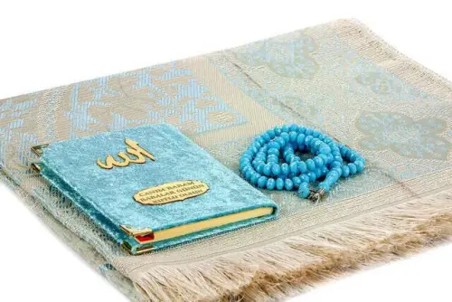 Father's Day Special Name Printed Velvet Coated Yasin Book Seccadeli Rosary Set - Blue Color - 2