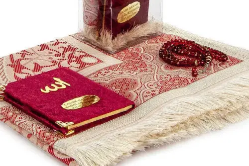 Father's Day Special Name Printed Velvet Coated Yasin Book Seccadeli Rosary Set - Burgundy Color - İhvan (1)