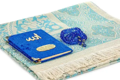 Father's Day Special Name Printed Velvet Coated Yasin Book Seccadeli Rosary Set - Navy Blue Color - İhvan (1)