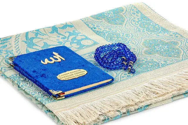 Father's Day Special Name Printed Velvet Coated Yasin Book Seccadeli Rosary Set - Navy Blue Color - 2