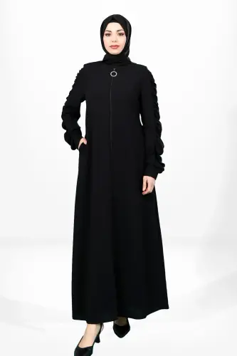 Fermuarlı Kolu Büzgülü Yandan Cepli Siyah Renk Ferace 3909 - 1