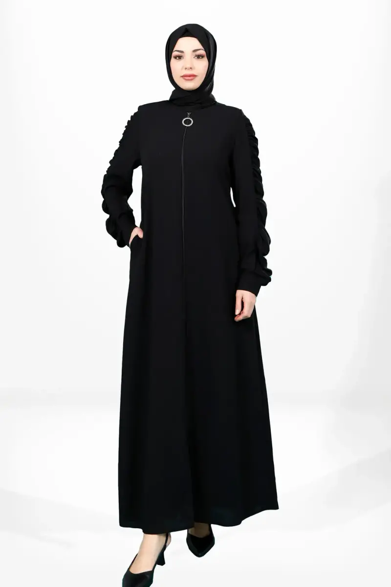 Fermuarlı Kolu Büzgülü Yandan Cepli Siyah Renk Ferace 3909 - 1