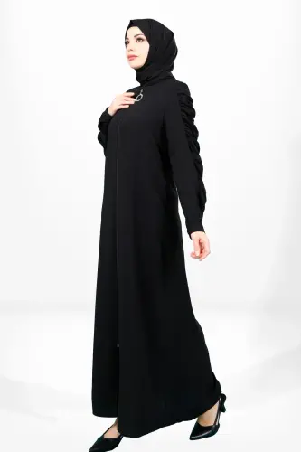 Fermuarlı Kolu Büzgülü Yandan Cepli Siyah Renk Ferace 3909 - Beyza (1)
