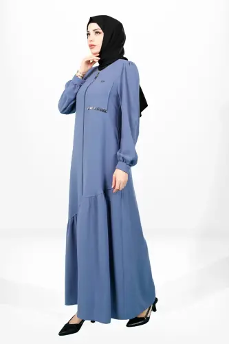 Fermuarlı Taşlı Cep Detaylı Asimetrik Dikişli Etek Detaylı İndigo Ferace 3898 - Beyza (1)