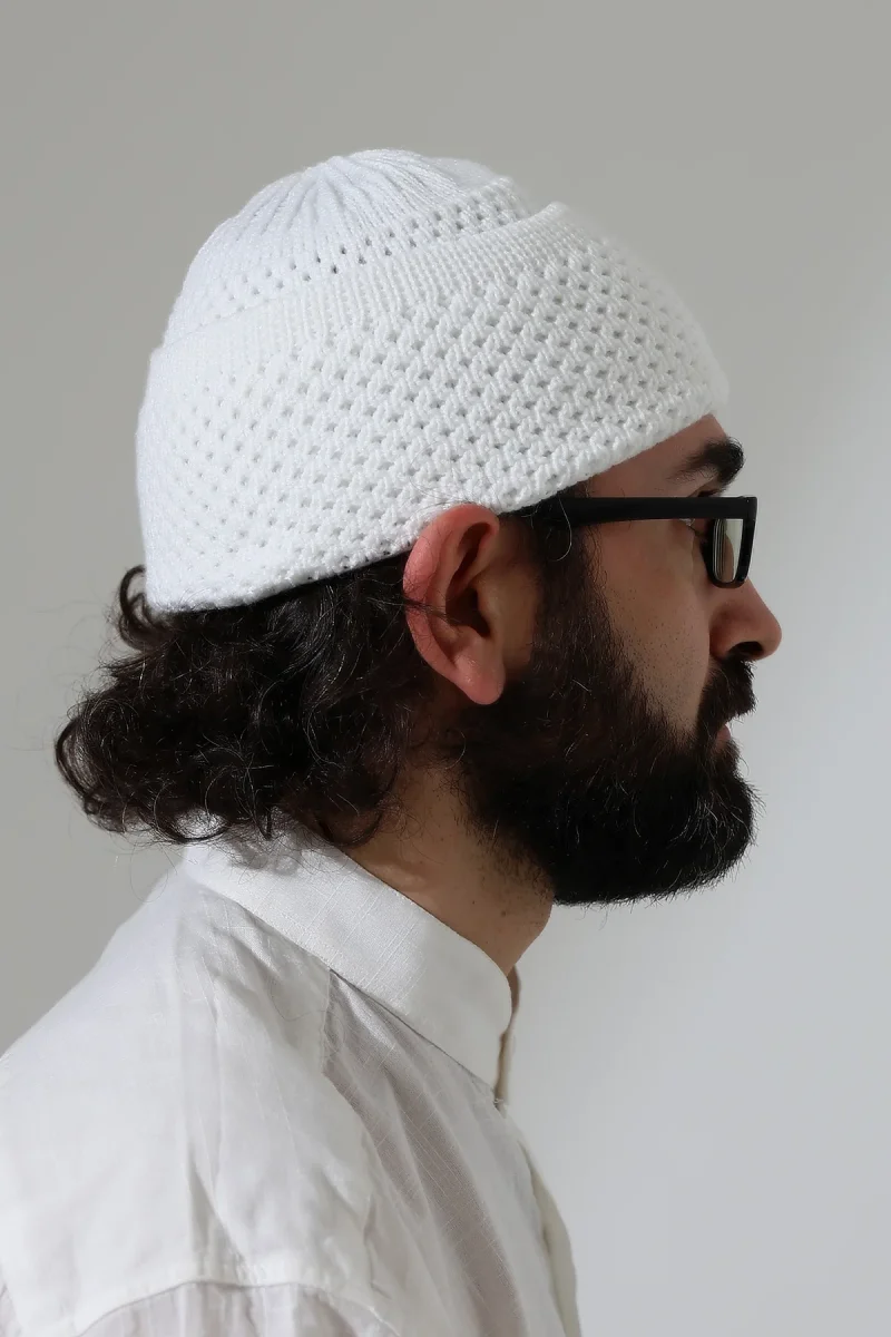 Fındık Desen Orlon Katlamalı Kışlık Namaz Takkesi, Sıcak Tutan Bere Takke Beyaz - 6