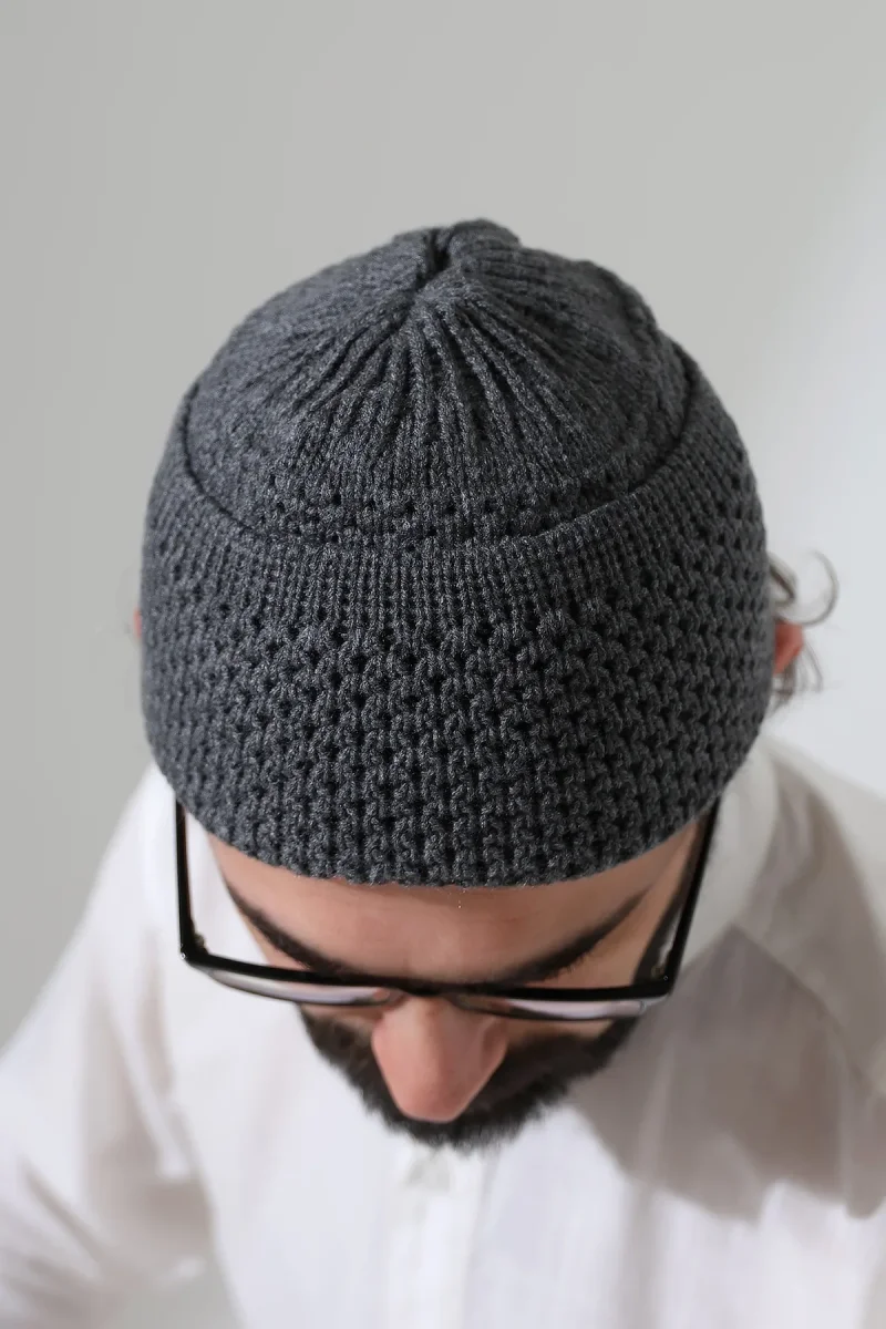 Fındık Desen Orlon Katlamalı Kışlık Namaz Takkesi, Sıcak Tutan Bere Takke Gri - 3