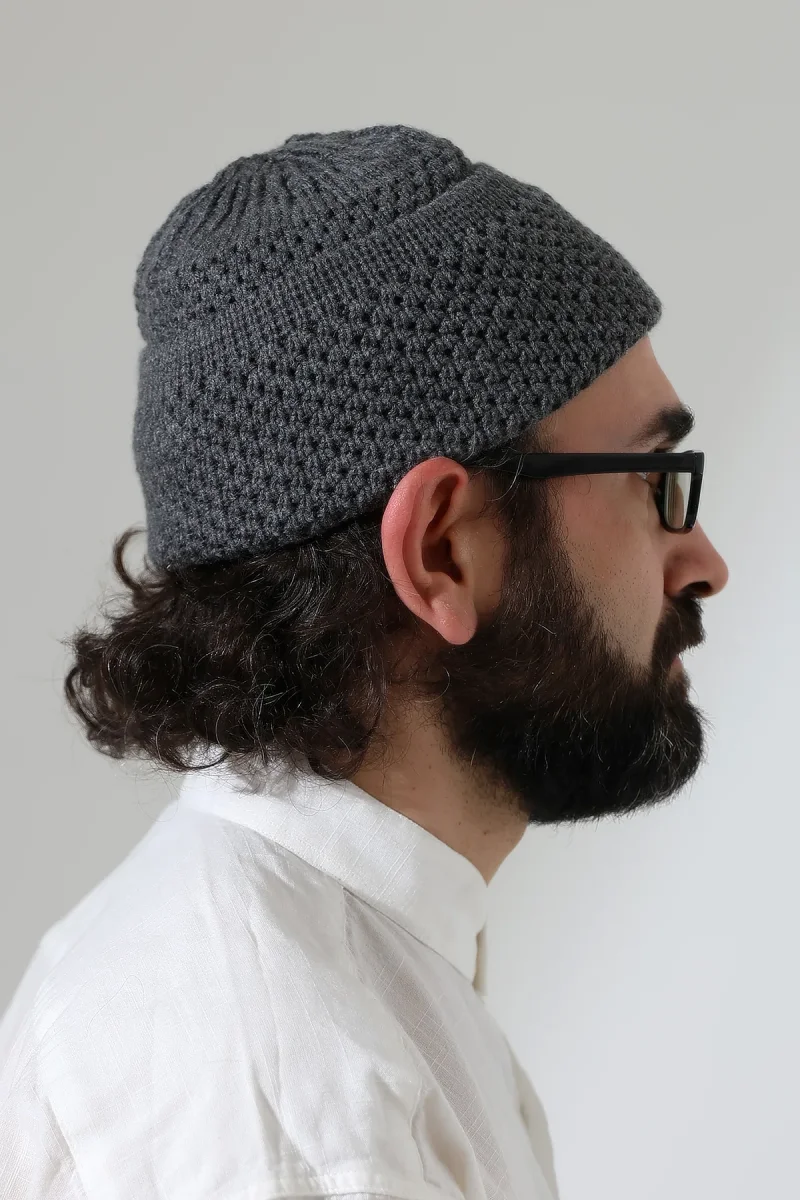 Fındık Desen Orlon Katlamalı Kışlık Namaz Takkesi, Sıcak Tutan Bere Takke Gri - 5