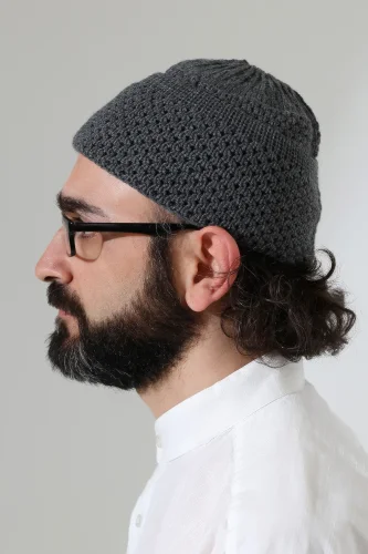 Fındık Desen Orlon Katlamalı Kışlık Namaz Takkesi, Sıcak Tutan Bere Takke Gri - 6