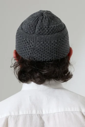 Fındık Desen Orlon Katlamalı Kışlık Namaz Takkesi, Sıcak Tutan Bere Takke Gri - 7