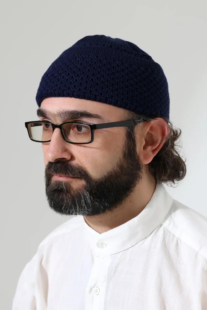 Fındık Desen Orlon Katlamalı Kışlık Namaz Takkesi, Sıcak Tutan Bere Takke Lacivert - 1