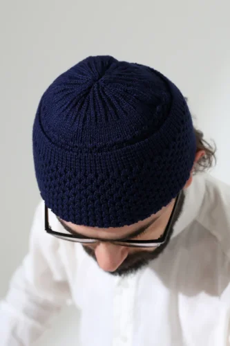 Fındık Desen Orlon Katlamalı Kışlık Namaz Takkesi, Sıcak Tutan Bere Takke Lacivert - 3