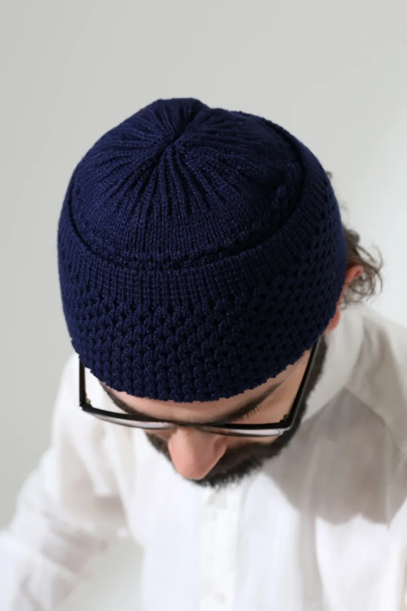 Fındık Desen Orlon Katlamalı Kışlık Namaz Takkesi, Sıcak Tutan Bere Takke Lacivert - 3