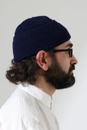 Fındık Desen Orlon Katlamalı Kışlık Namaz Takkesi, Sıcak Tutan Bere Takke Lacivert - 5