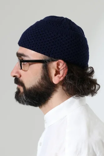 Fındık Desen Orlon Katlamalı Kışlık Namaz Takkesi, Sıcak Tutan Bere Takke Lacivert - 6