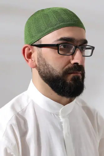 Fıstık Yeşili Safir Dantel Detaylı Örme Namaz Takkesi - ihvanonline (1)