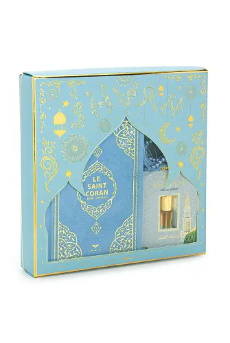 Fransızca Mealli Medine Hatlı Kuranı Kerim ve Seccade Seti Mavi - 5