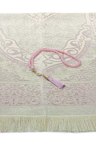 Gelin Damat Bohçasına Uygun Hediyelik Kutulu İnci Tesbihli Çeyizlik Seccade Seti Pembe - 4