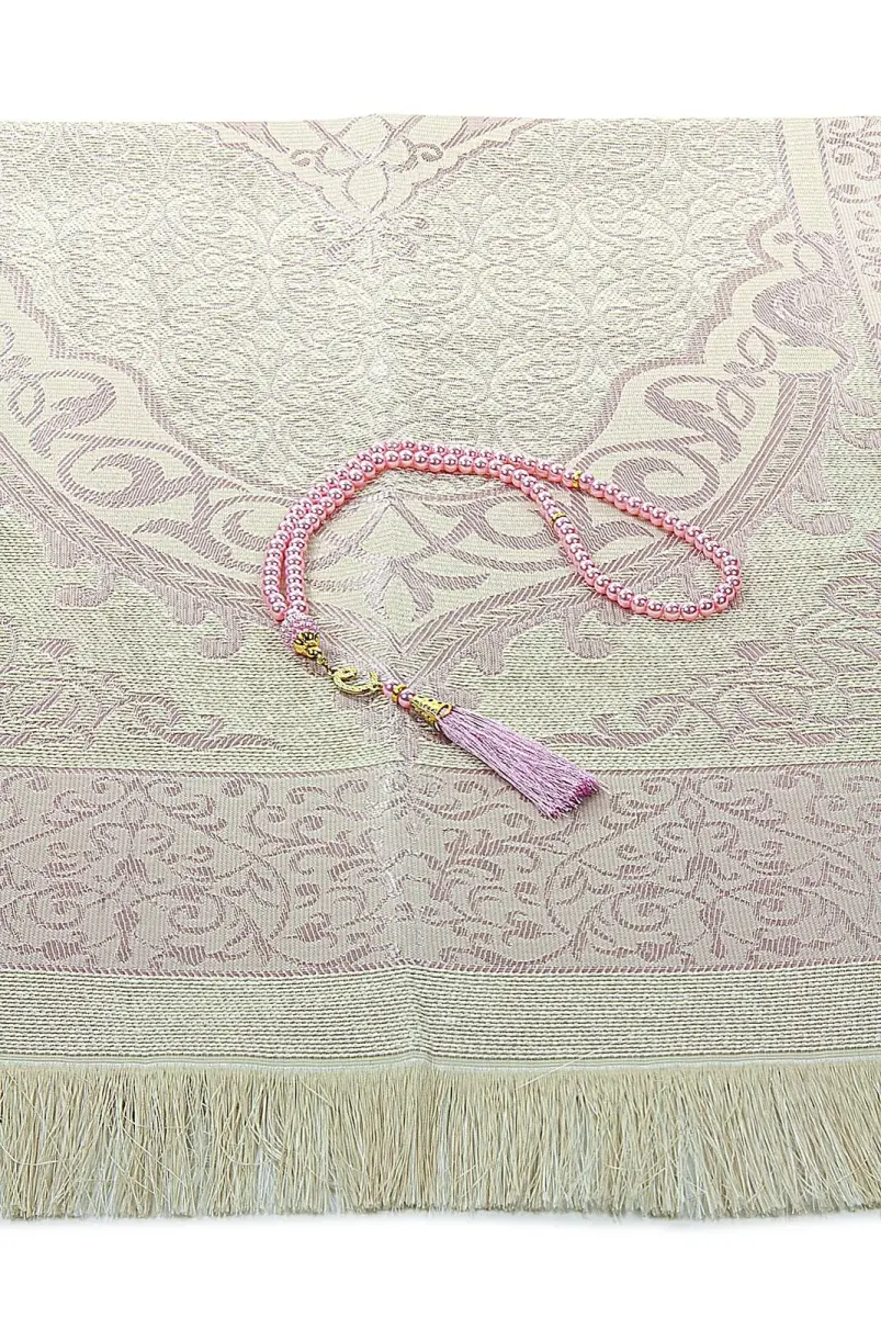 Gelin Damat Bohçasına Uygun Hediyelik Kutulu İnci Tesbihli Çeyizlik Seccade Seti Pembe - 4