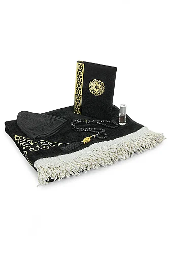 Gelin Damat Kadife Kaplı Kuranı Kerim Seccade Tesbih Takke Namaz Örtüsü Esans ve Kutulu İslami Hediye Seti - Siyah Beyaz - 14