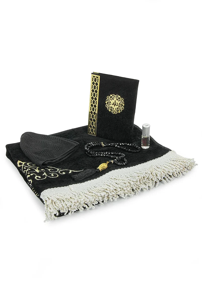 Gelin Damat Kadife Kaplı Kuranı Kerim Seccade Tesbih Takke Namaz Örtüsü Esans ve Kutulu İslami Hediye Seti - Siyah Beyaz - 14