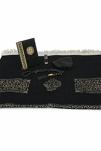 Gelin Damat Kadife Kaplı Kuranı Kerim Seccade Tesbih Takke Namaz Örtüsü Esans ve Kutulu İslami Hediye Seti - Siyah Beyaz - 15