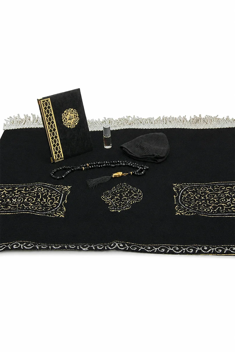 Gelin Damat Kadife Kaplı Kuranı Kerim Seccade Tesbih Takke Namaz Örtüsü Esans ve Kutulu İslami Hediye Seti - Siyah Beyaz - 15