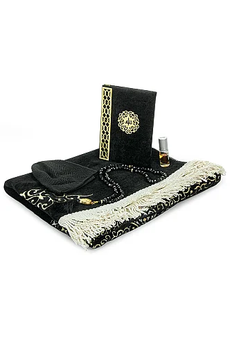 Gelin Damat Kadife Kaplı Kuranı Kerim Seccade Tesbih Takke Namaz Örtüsü Esans ve Kutulu İslami Hediye Seti - Siyah Pembe - ihvanonline (1)