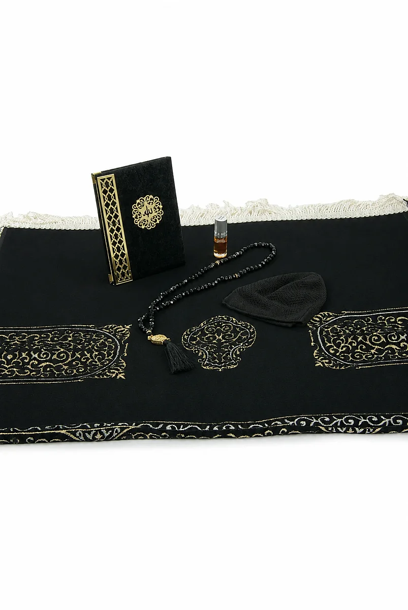 Gelin Damat Kadife Kaplı Kuranı Kerim Seccade Tesbih Takke Namaz Örtüsü Esans ve Kutulu İslami Hediye Seti - Siyah Pembe - 4