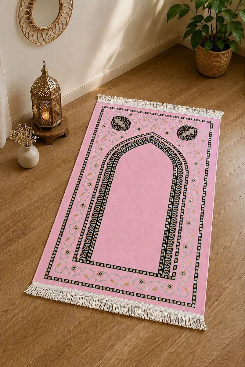Gelin Damat Kadife Kaplı Kuranı Kerim Seccade Tesbih Takke Namaz Örtüsü Esans ve Kutulu İslami Hediye Seti - Siyah Pembe - 8