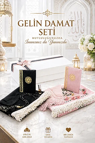 Gelin Damat Kadife Kaplı Kuranı Kerim Seccade Tesbih Takke Namaz Örtüsü Esans ve Kutulu İslami Hediye Seti - Siyah Pembe - 1