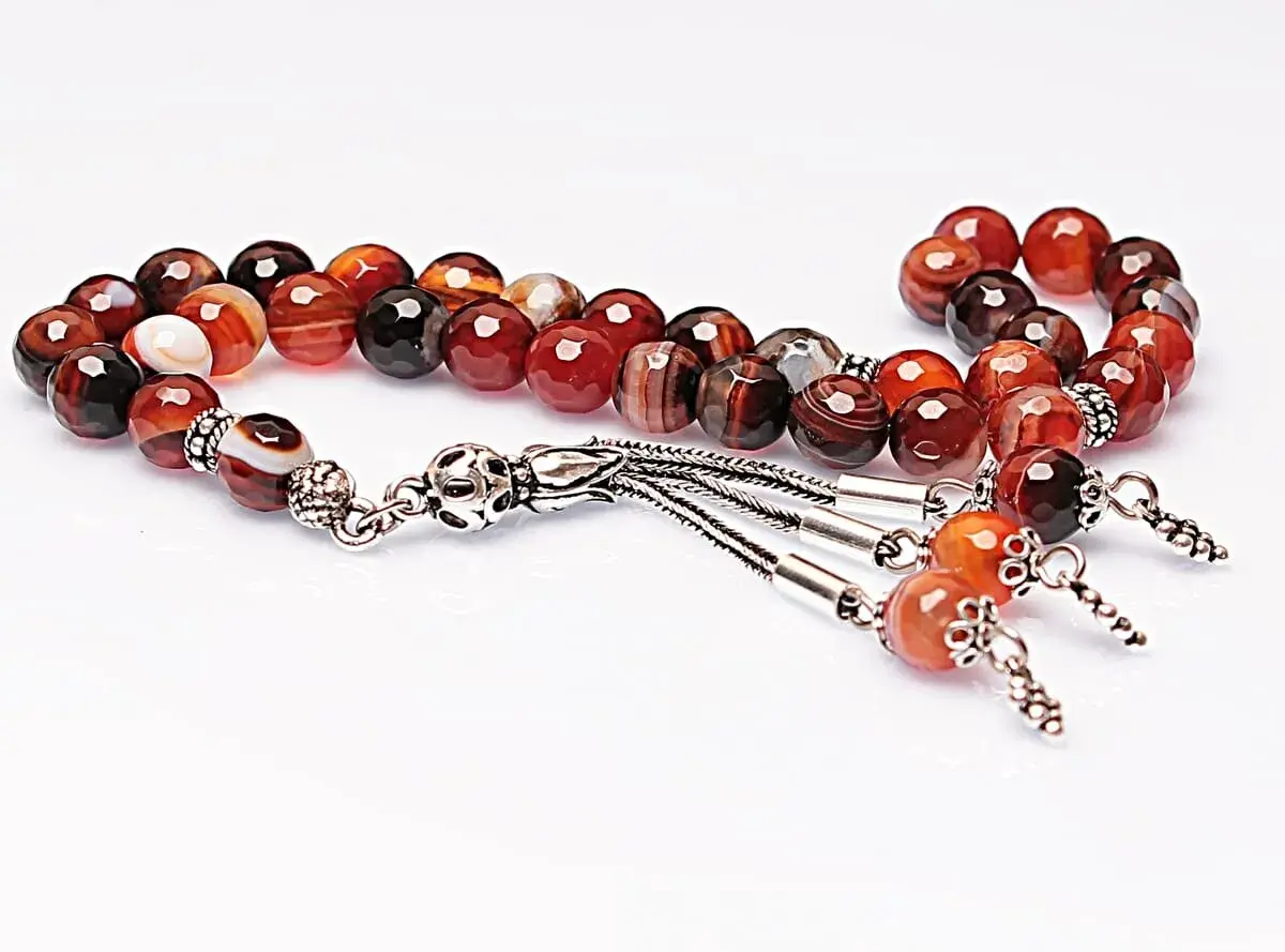 Gerçek Damarlı Akik Taşı Tesbih-Faset Kesim Tesbih-Gümüş Malzemeli Tesbih-33'lük Tesbih-Orijinal Doğal Taş Tesbih - 2