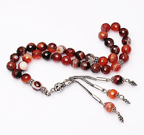 Gerçek Damarlı Akik Taşı Tesbih-Faset Kesim Tesbih-Gümüş Malzemeli Tesbih-33'lük Tesbih-Orijinal Doğal Taş Tesbih - 3