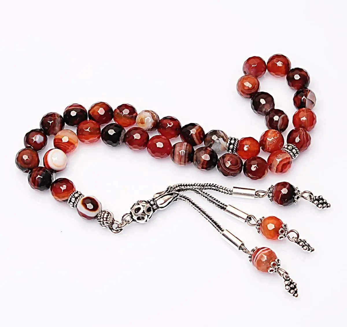 Gerçek Damarlı Akik Taşı Tesbih-Faset Kesim Tesbih-Gümüş Malzemeli Tesbih-33'lük Tesbih-Orijinal Doğal Taş Tesbih - 3