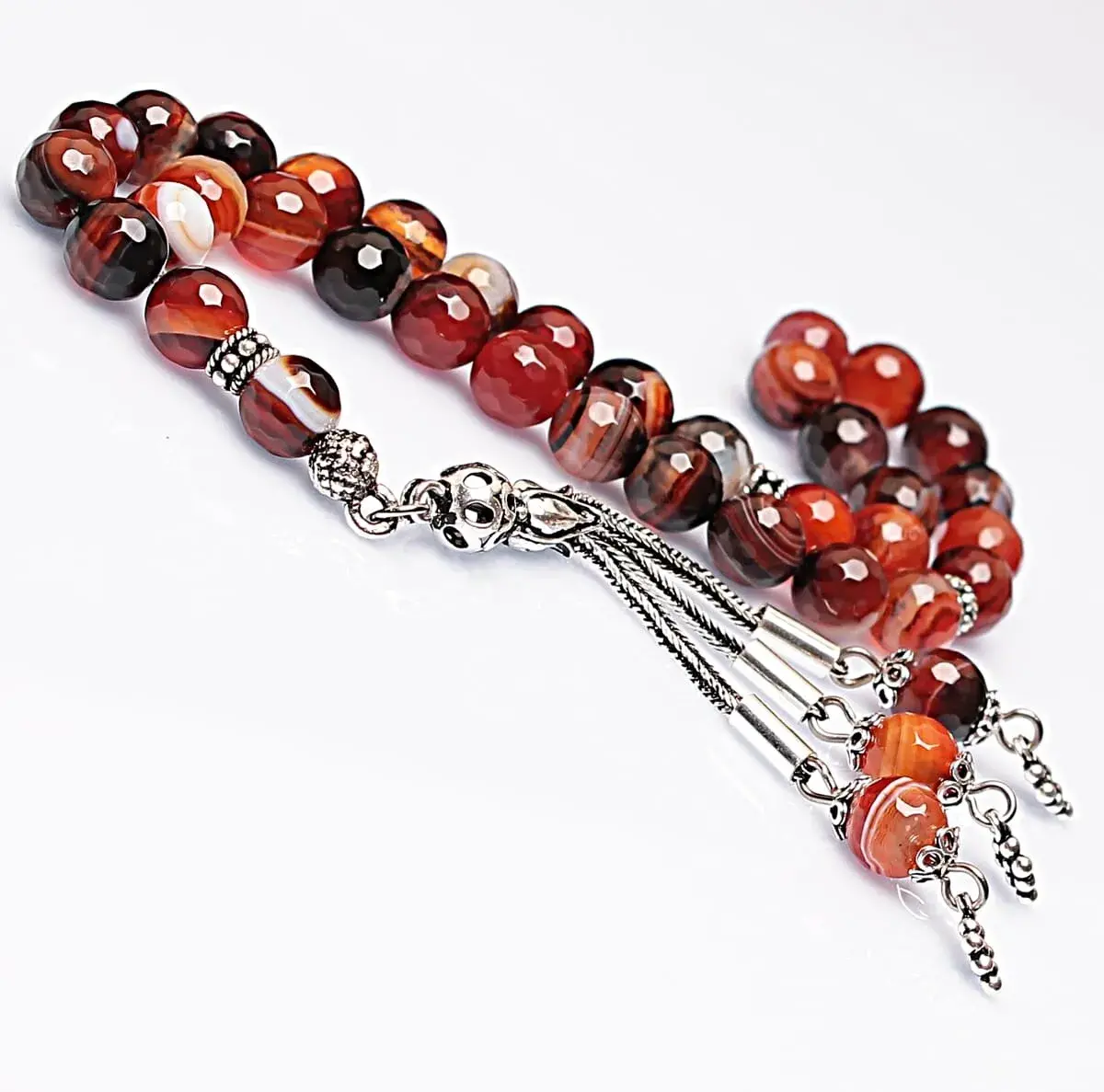 Gerçek Damarlı Akik Taşı Tesbih-Faset Kesim Tesbih-Gümüş Malzemeli Tesbih-33'lük Tesbih-Orijinal Doğal Taş Tesbih - 1