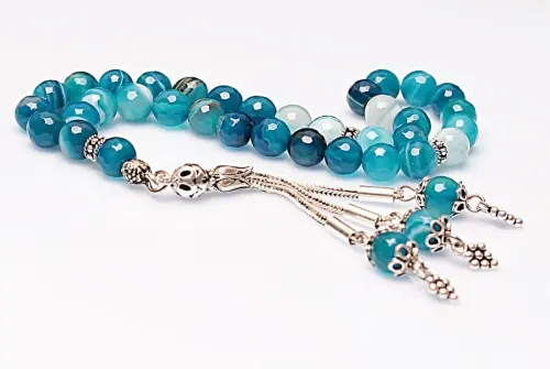 Gerçek Damarlı Mavi Akik Taşı Tesbih-Faset Kesim Tesbih-Gümüş Malzemeli Tesbih-33'lük Tesbih-Orijinal Doğal Taş Tesbih - ihvanonline (1)