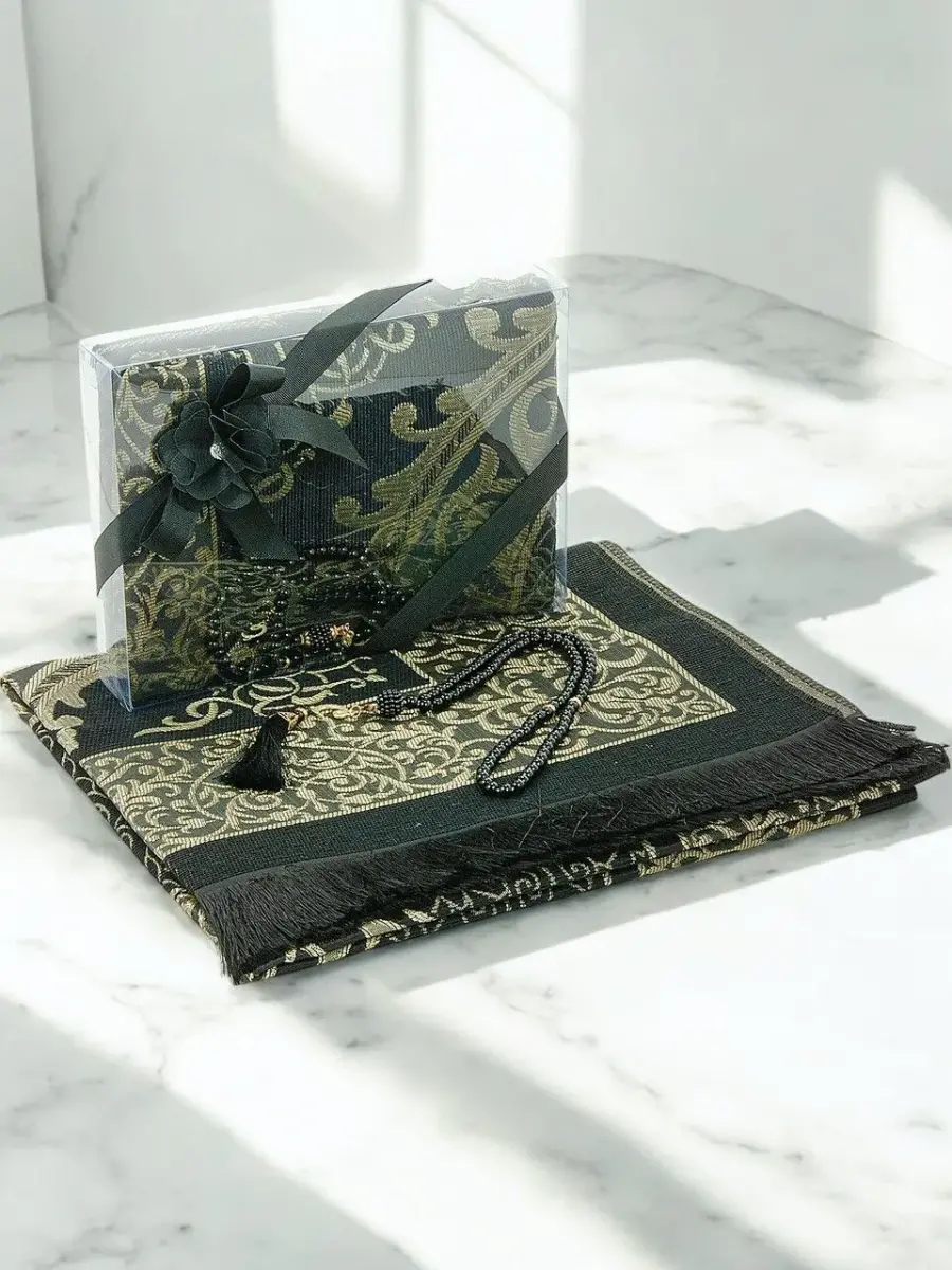 Gift Boxed Dowry Prayer Rug Set with Pearl Prayer Beads, Suitable for the Bride and Groom's Bundle, Black - 1