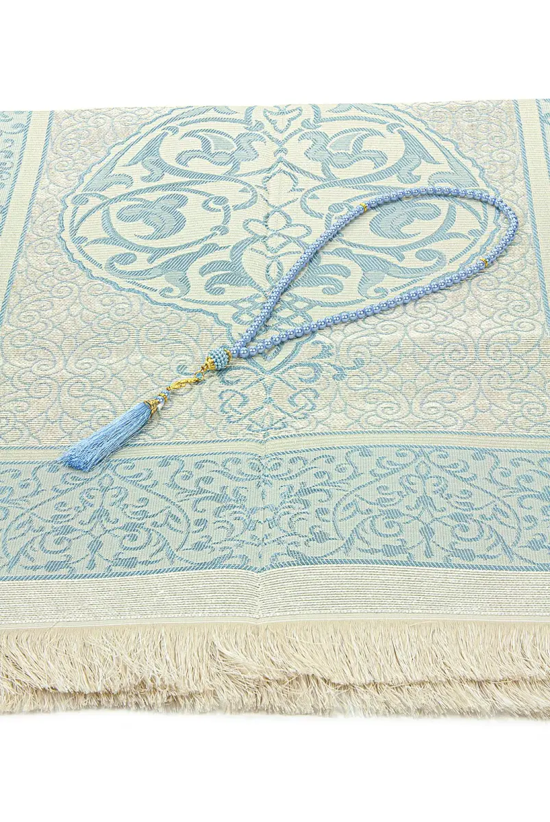 Gift Boxed Dowry Prayer Rug Set with Pearl Prayer Beads Suitable for the Bride and Groom's Package Blue - 4