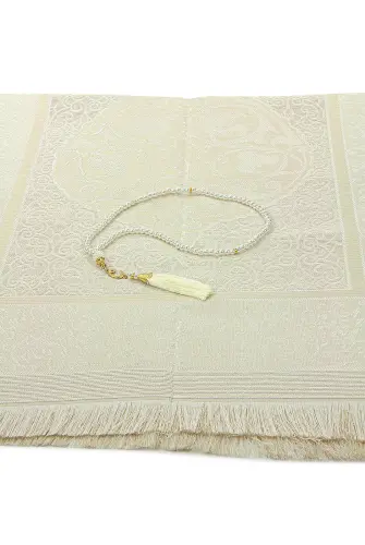 Gift Boxed Dowry Prayer Rug Set with Pearl Prayer Beads, Suitable for the Bride and Groom's Package, Cream - 4