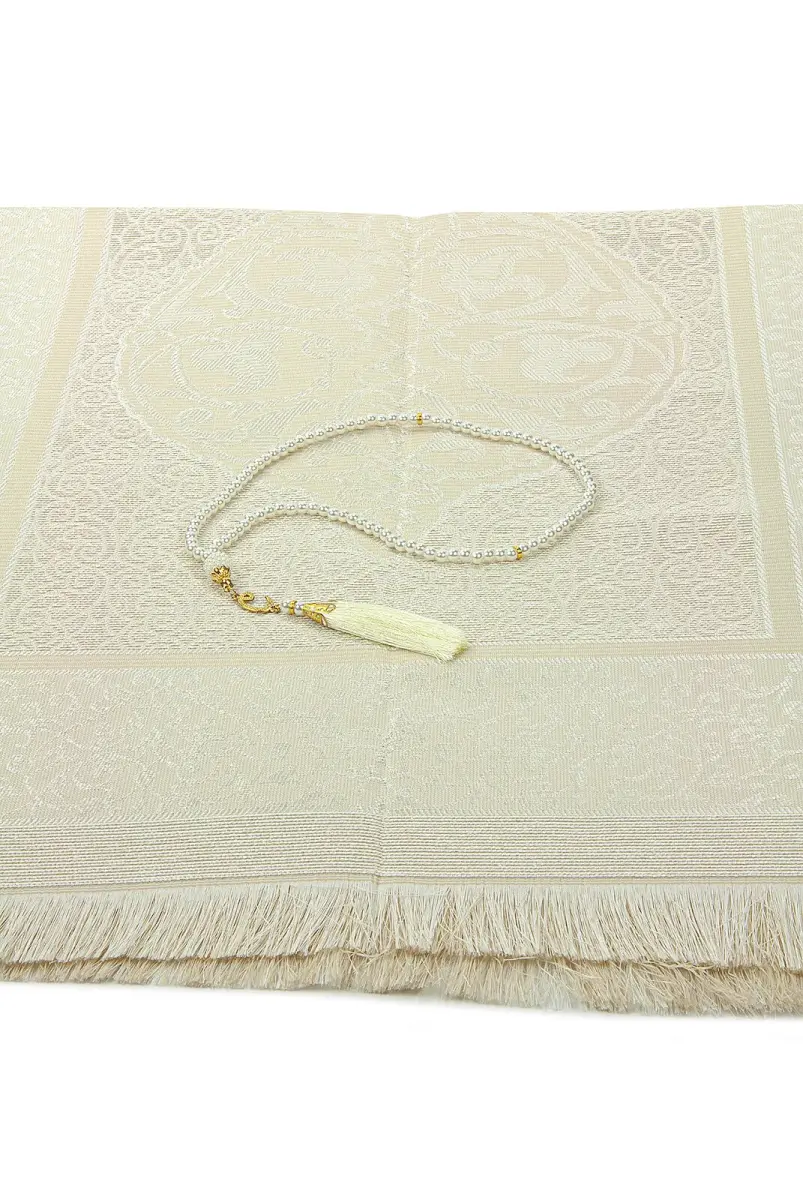Gift Boxed Dowry Prayer Rug Set with Pearl Prayer Beads, Suitable for the Bride and Groom's Package, Cream - 4