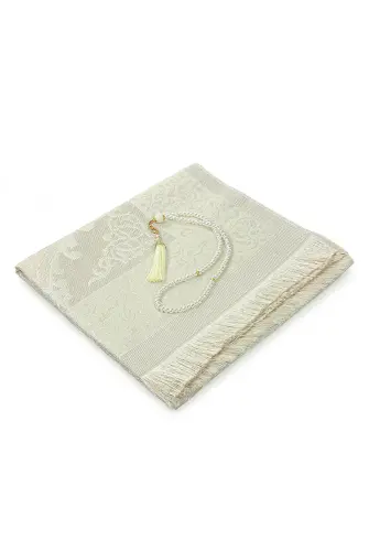 Gift Boxed Dowry Prayer Rug Set with Pearl Prayer Beads, Suitable for the Bride and Groom's Package, Cream - 2