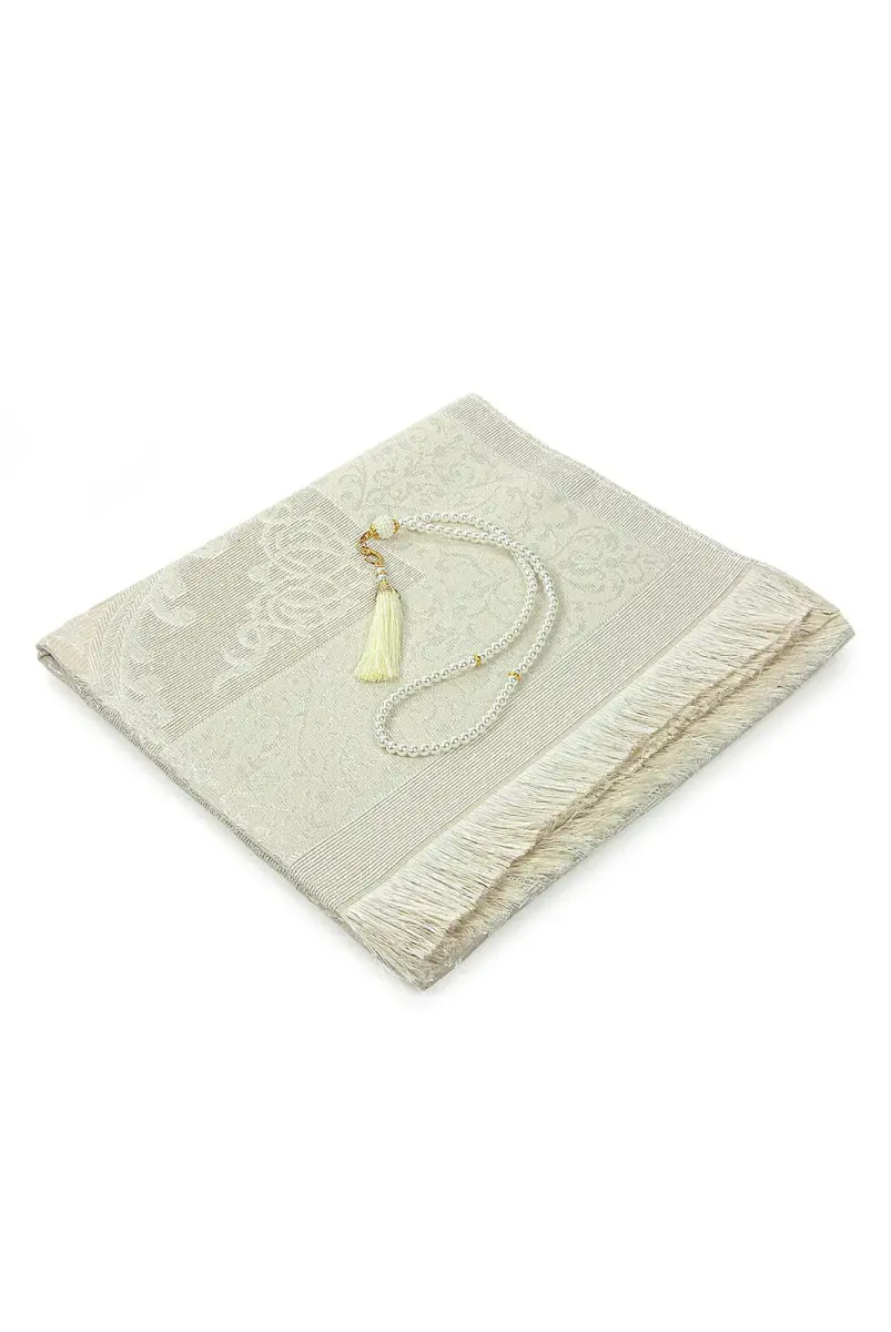 Gift Boxed Dowry Prayer Rug Set with Pearl Prayer Beads, Suitable for the Bride and Groom's Package, Cream - 2