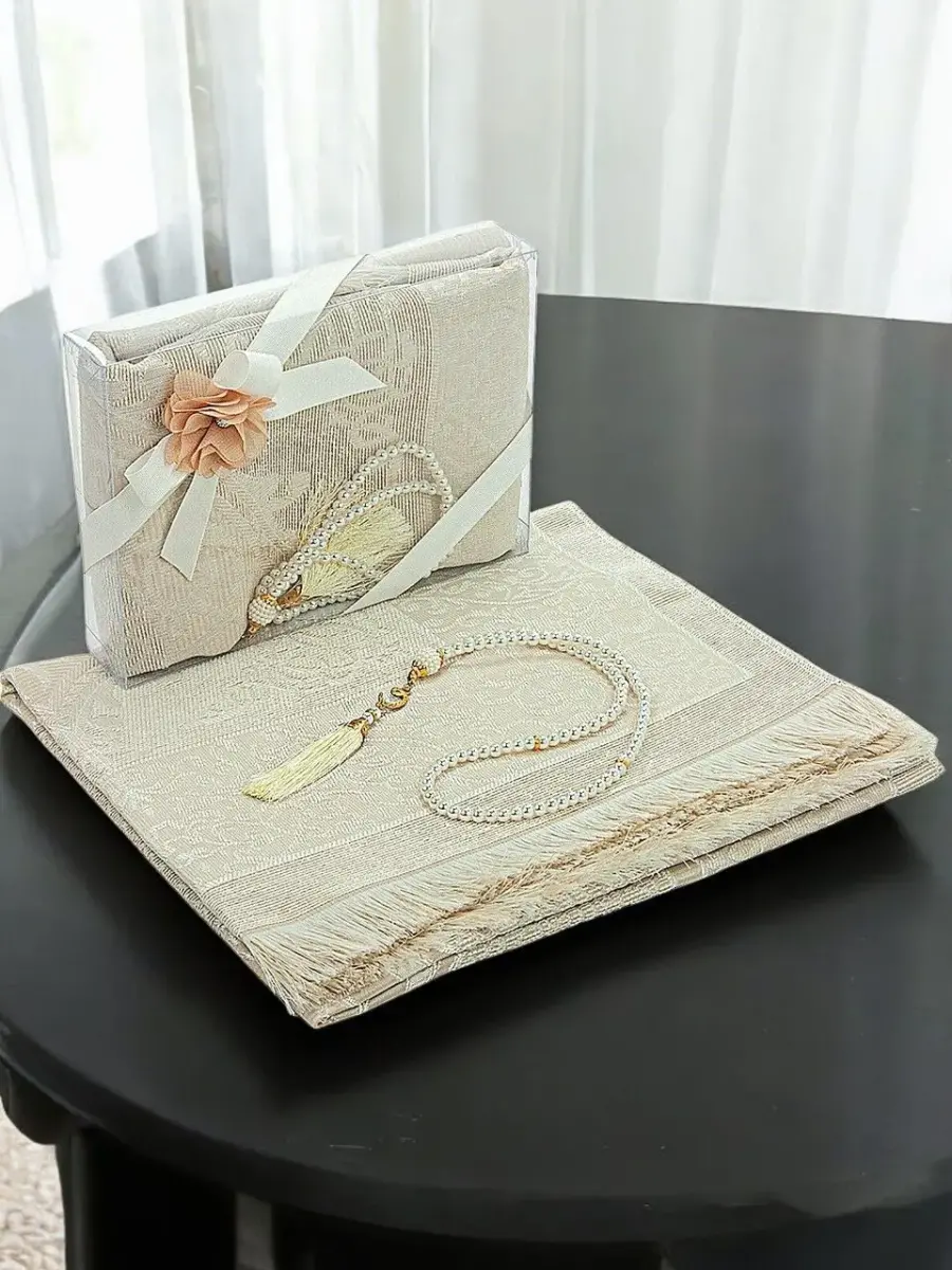 Gift Boxed Dowry Prayer Rug Set with Pearl Prayer Beads, Suitable for the Bride and Groom's Package, Cream - 1