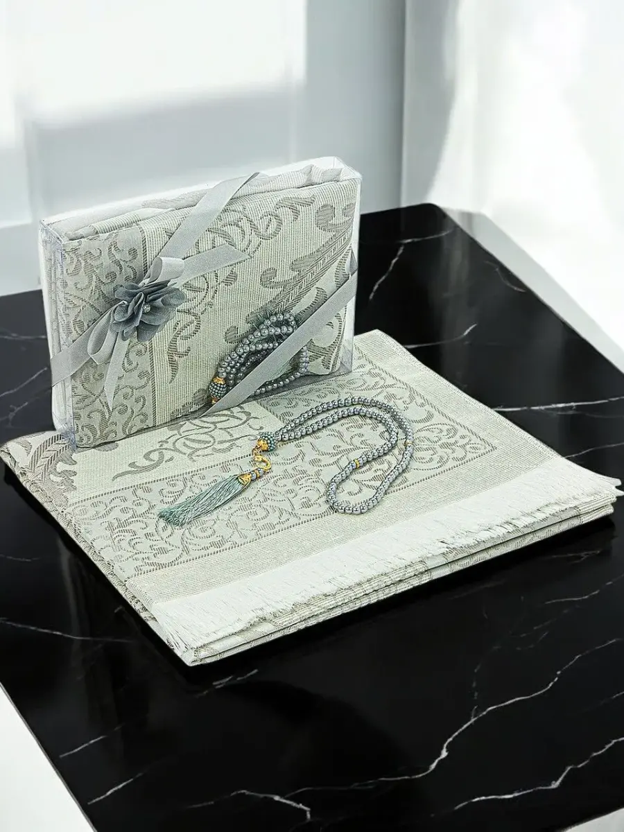 Gift Boxed Dowry Prayer Rug Set with Pearl Prayer Beads, Suitable for the Bride and Groom's Package, Gray - 1